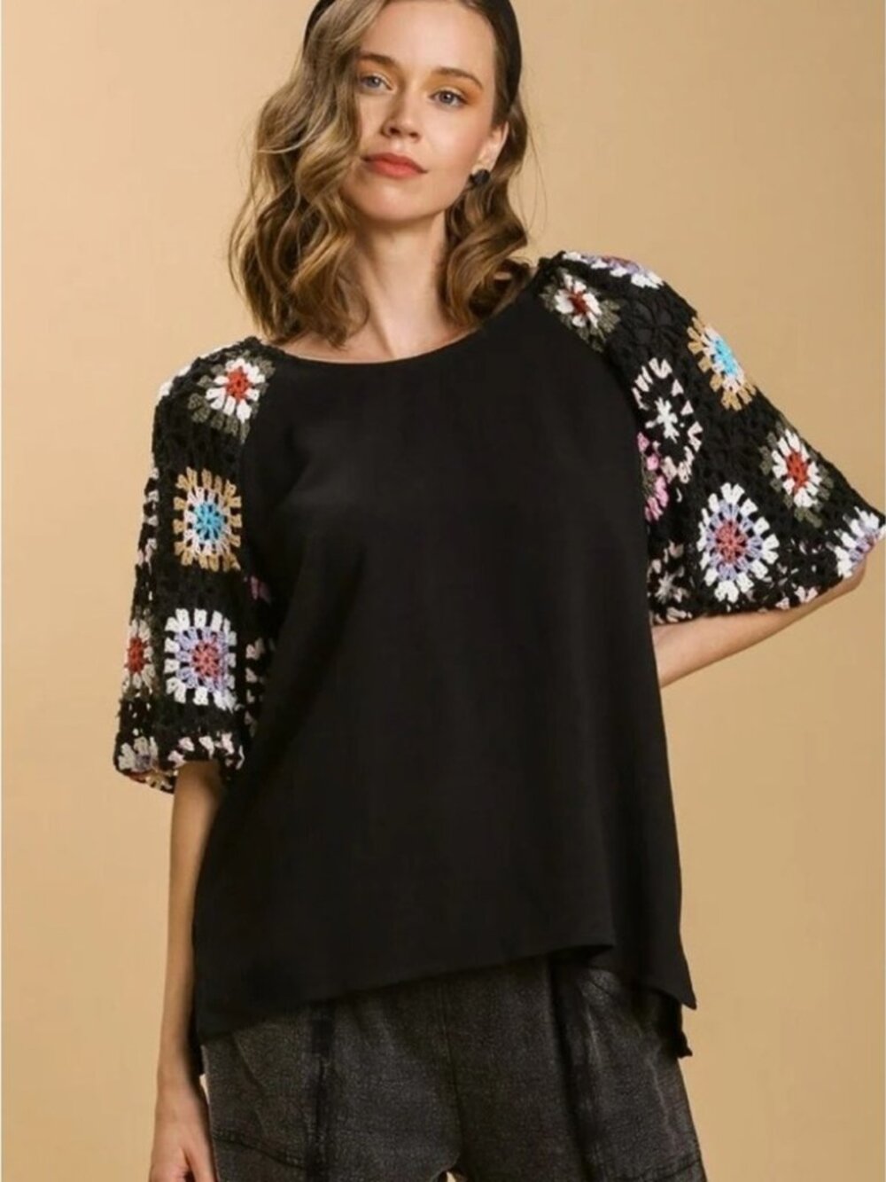 Umgee Crochet Sleeve High Low Black Top 2XL  Boho Grandmacore